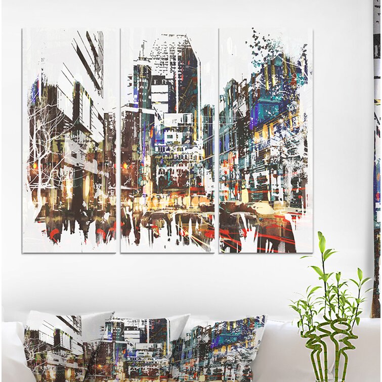 People Walking In City Grunge Painting On Canvas 3 Pieces Set